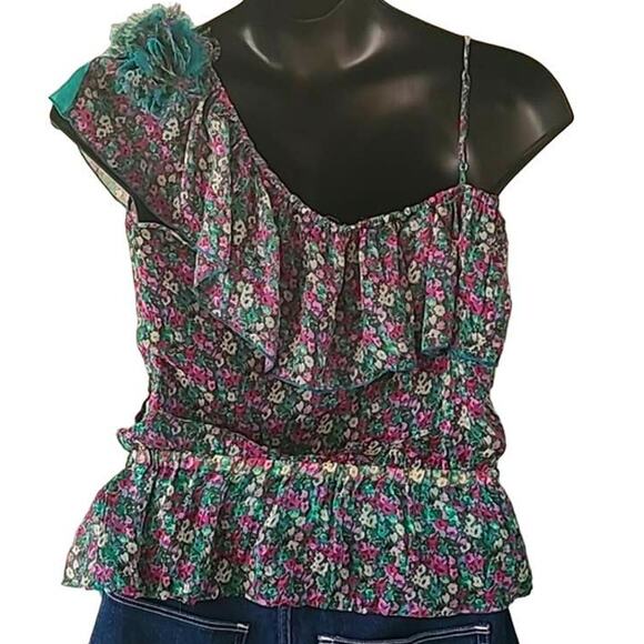 Excellent Lulumari Women’s Asymmetrical Ruffle Short Sleeve Blouse Size Large - Picture 3 of 11